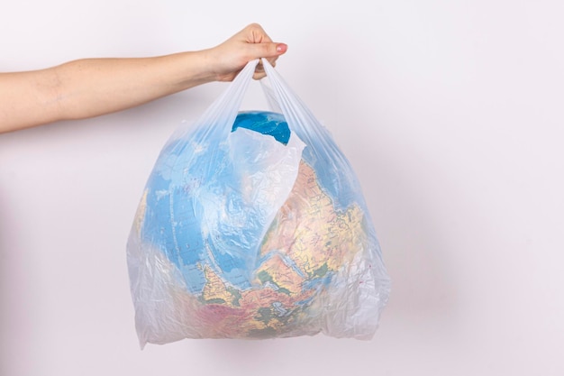 The ecology of the planet is in your hands in the hands of a man globe in a bag