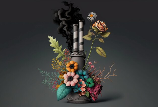 Ecology pollution smoke from a pipe with flowers black background AI generated