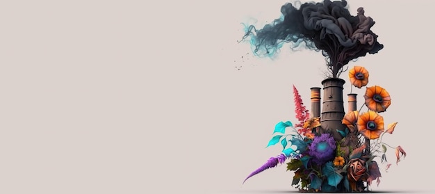 Ecology pollution smoke from a pipe with flowers white background AI generated