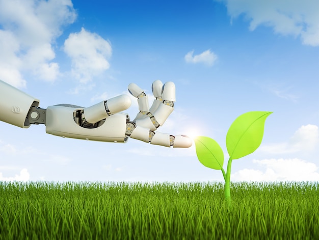 Ecology technology concept with 3d rendering robot arm with green leaves