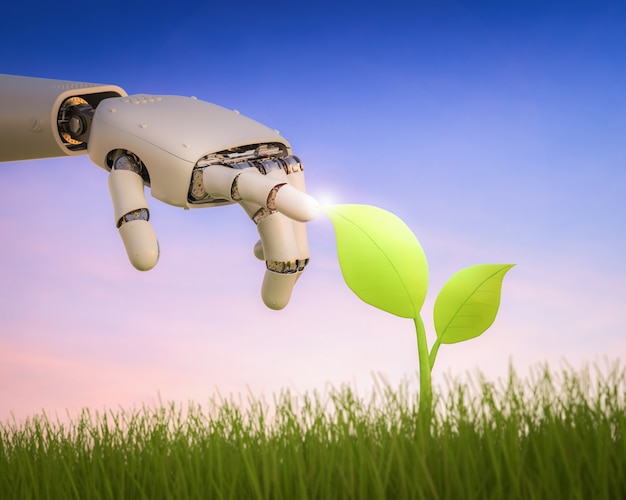 Ecology technology concept with 3d rendering robot arm with green leaves