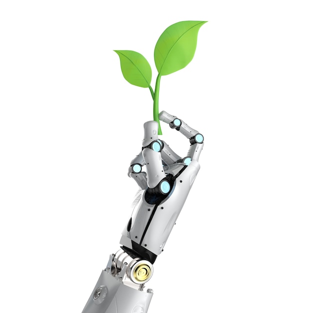 Ecology technology concept with 3d rendering robot arm with green leaves