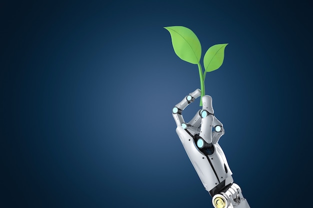 Ecology technology concept with 3d rendering robot arm with green leaves