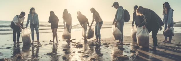 ecologya group of people clean up the garbage on the beachbannerai