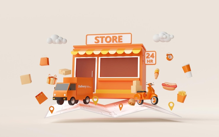  Ecommerce concept convenience store shopping online and delivery service 3d illustration