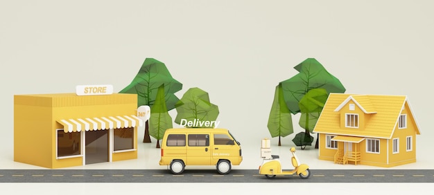 Ecommerce concept Delivery service from front store to home Transportation delivery by Vans truck and motorbike scooter and product packages gift boxes tree low polygon yellow tone 3d rendering