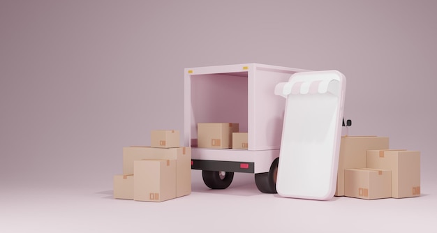 Ecommerce concept Delivery service on mobile application Transportation delivery by truck 3D rendering