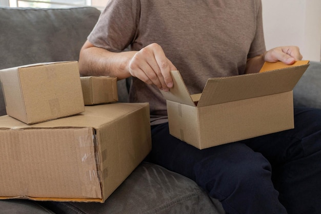 Ecommerce concept parcel boxes made by cardboard was assembled with the clear tape