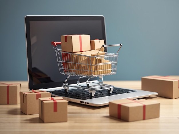 Ecommerce Shopping Cart with Cardboard Boxes on White Background