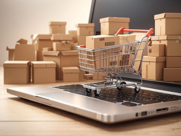 Ecommerce Shopping Cart with Cardboard Boxes on White Background