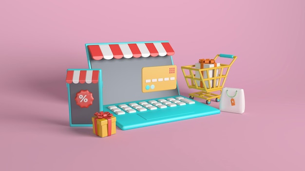ピンクの背景にラップトップスマートフォンとカートを搭載したECommerceショッピングコンセプト