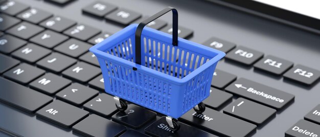 E-commerce shopping generi alimentari online cestino del supermercato sull'illustrazione 3d della tastiera del computer