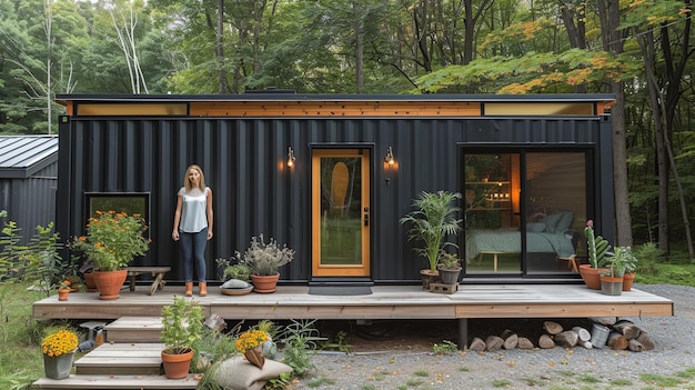 Photo ecomodern living black container tiny house