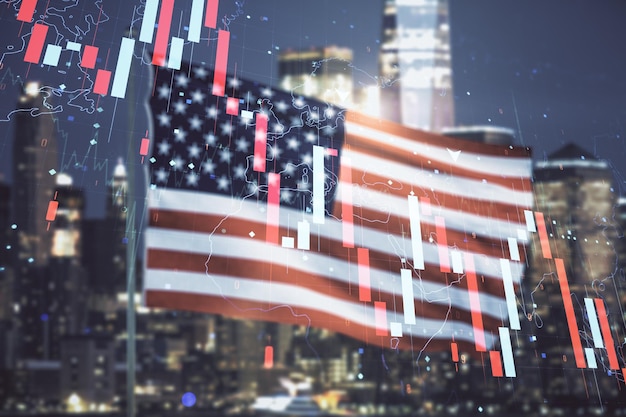 Economic crisis chart and world map hologram on USA flag and blurry skyscrapers background bankruptcy and recession concept Multiexposure