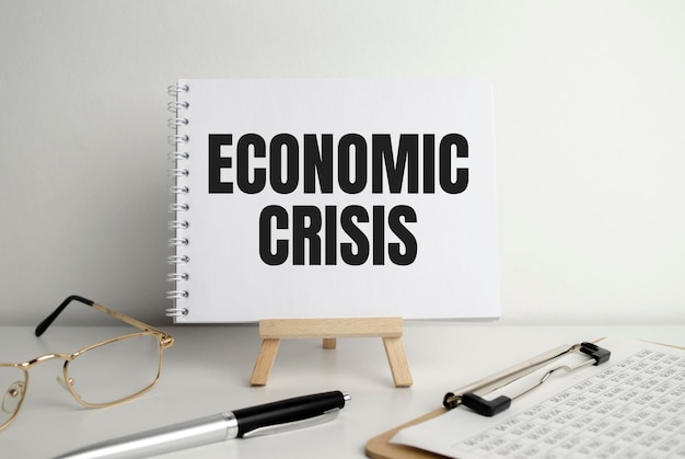 Economic crisis words on the notepad on the easel and glasses