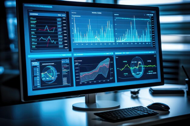 Economic and Financial graphs with glowing lines and diagram on digital screen Trading market and economic concept Generative AI