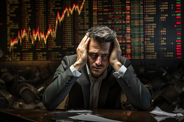 Photo economical crisis stocks falling down sad worried buisnessman holding his head