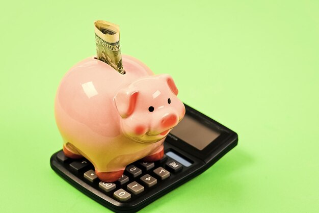 Economics and finance Piggy bank pink pig stuffed dollar banknote and calculator Financial wellbeing Savings account Money savings Savings deposit is convenient flexible way depositing savings