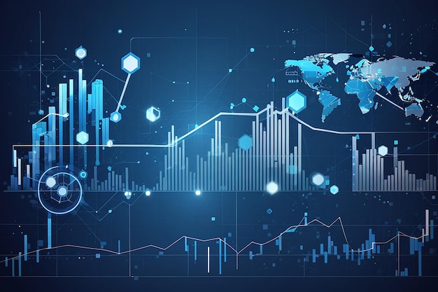 Economische grafiek met diagrammen op de aandelenmarkt voor zakelijke en financiële concepten en verslagen abstract blauwe vector achtergrond