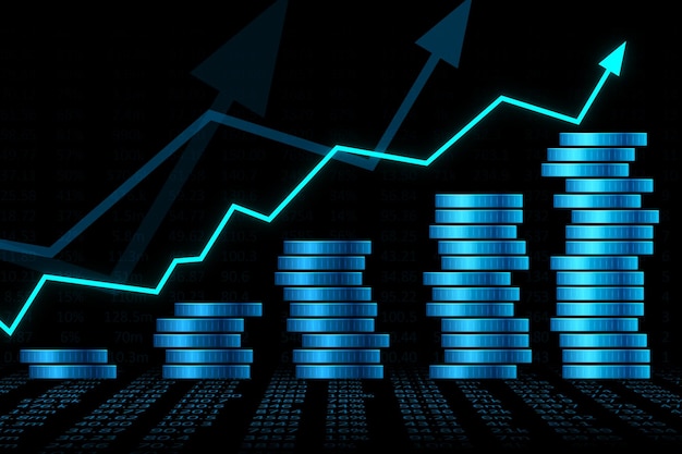 디지털 동전 스택과 재무 통계 표면 및 어두운 배경 3D 렌더링에서 빛나는 상승 화살표를 통한 경제 성장 및 투자 개념
