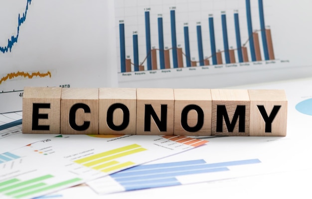 나무 블록에 쓰여진 ECONOMY 단어 나무 테이블에 당신의 디자인을위한 결정 텍스트
