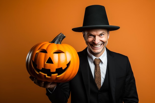 Econoom met een Halloween-pompoen op een stevige achtergrond met lege ruimte voor tekst