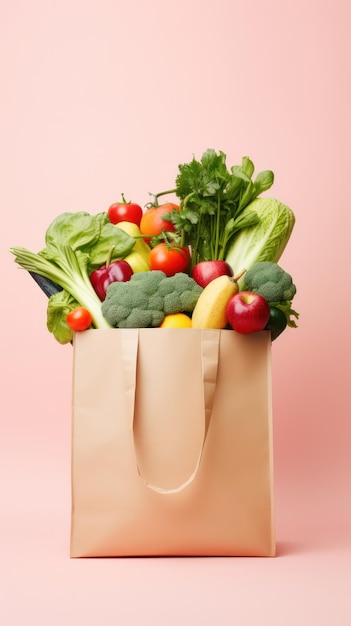 Ecoshopping met een verscheidenheid aan kleurrijke veganistische boodschappen in een tas op een roze achtergrond voor Veganuary
