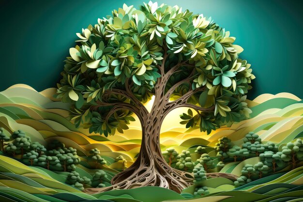 Ecosystem restoration environment day concept tree background Recycle icon paper cut banner