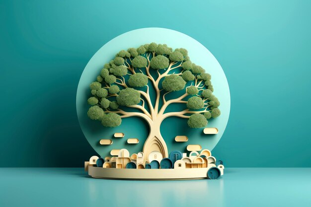 Ecosystem restoration environment day concept tree background recycle icon paper cut