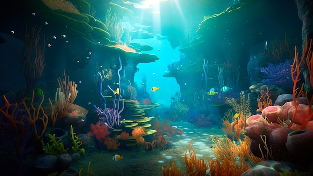 The ecosystem of the underwater marine world Colorful tropical beautiful ocean fish