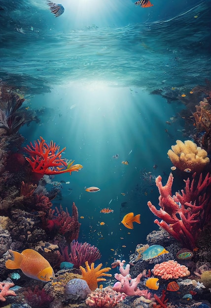 The ecosystem of the underwater marine world Colorful tropical beautiful ocean fish