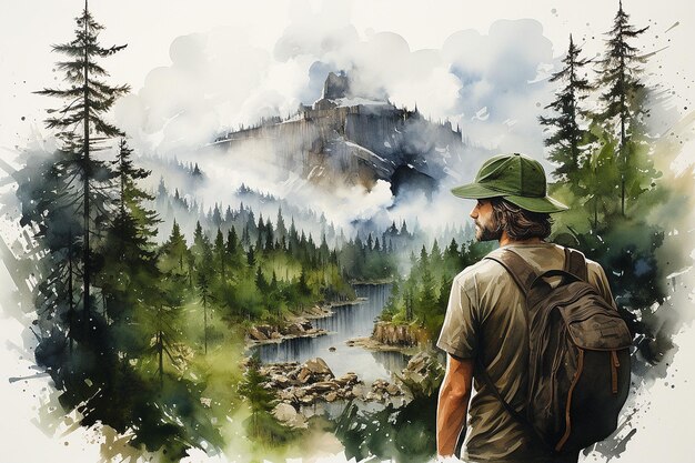 Экотуризм Путешествия и исследования Акварельная иллюстрация мужчины средних лет на фоне лесной реки