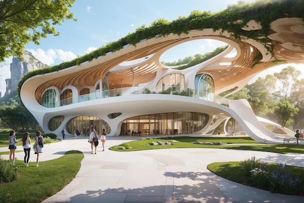 Ecovriendelijke architectuur Ontwerp van duurzame futuristische klaslokalen