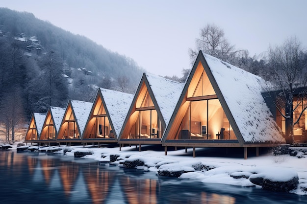 Ecovriendelijke ecolodge of ecolodge houten winter luxe ecohuizen in het besneeuwde bos Generatieve ai