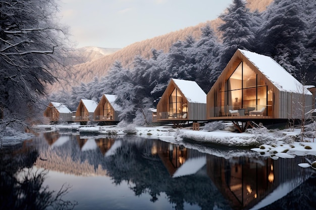 Ecovriendelijke ecolodge of ecolodge houten winter luxe ecohuizen in het besneeuwde bos Generatieve ai