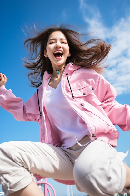 Ecstatic Asian woman jumping in the air