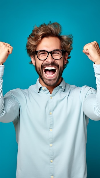 Foto uomo barbuto estatico con gli occhiali che celebra il suo successo