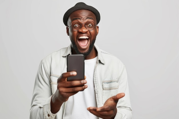흑인 남자가 스마트폰으로 온라인 베팅 우승을 축하합니다.