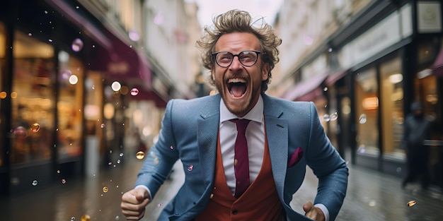 Photo ecstatic businessman celebrating success in the city rain joyful executive achieving goals euphoric man in suit ai