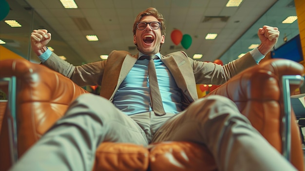 Ecstatic Businessman Celebrating Victory in Office Lobby