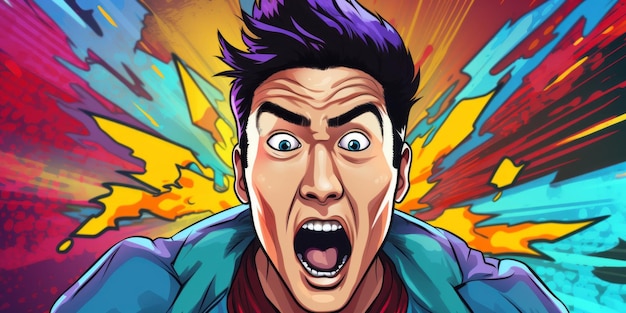 Ecstatic comic Asian male yells on vibrant pop art backdrop Generative AI