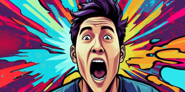 Ecstatic comic asian male yells on vibrant pop art backdrop generative ai