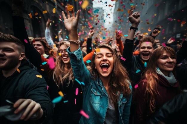 Ecstatic Crowd Celebrates with Confetti in the Air