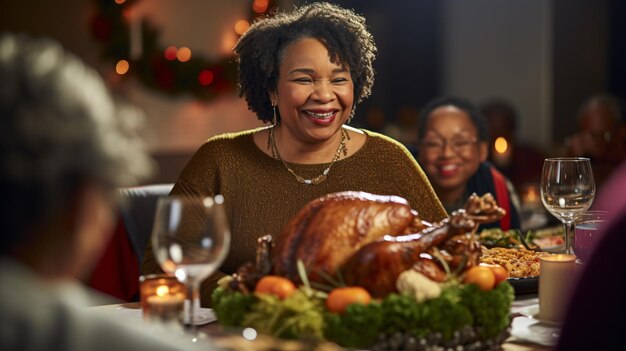 An ecstatic elderly African American female carried a plump roast turkey to the dining table for the Thanksgiving meal with her family