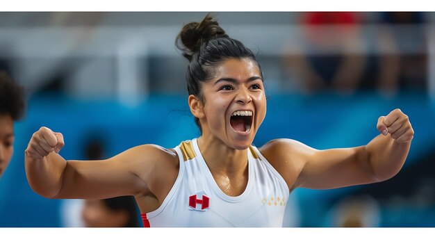 Photo ecstatic female athlete celebrates her victory with arms raised in triumph