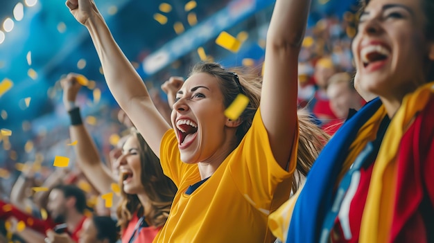 Ecstatic female sports fan celebrates her teams victory