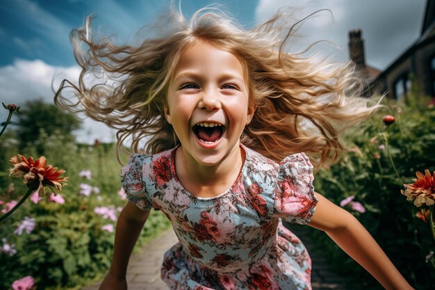 Photo ecstatic girl jumping outdoors