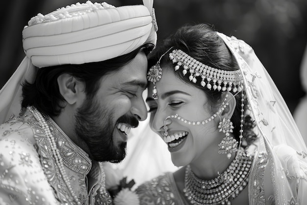 전통적인 결혼식 에서 함께 웃고 있는 흥분 한 인도 부부