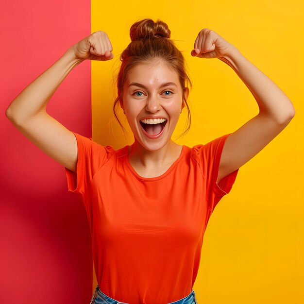 Photo ecstatic lady shout loud yeah fist up raise win lottery shine color background