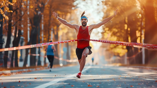 Ecstatic male runner crossing the finish line he is surrounded by colorful trees in the fall season